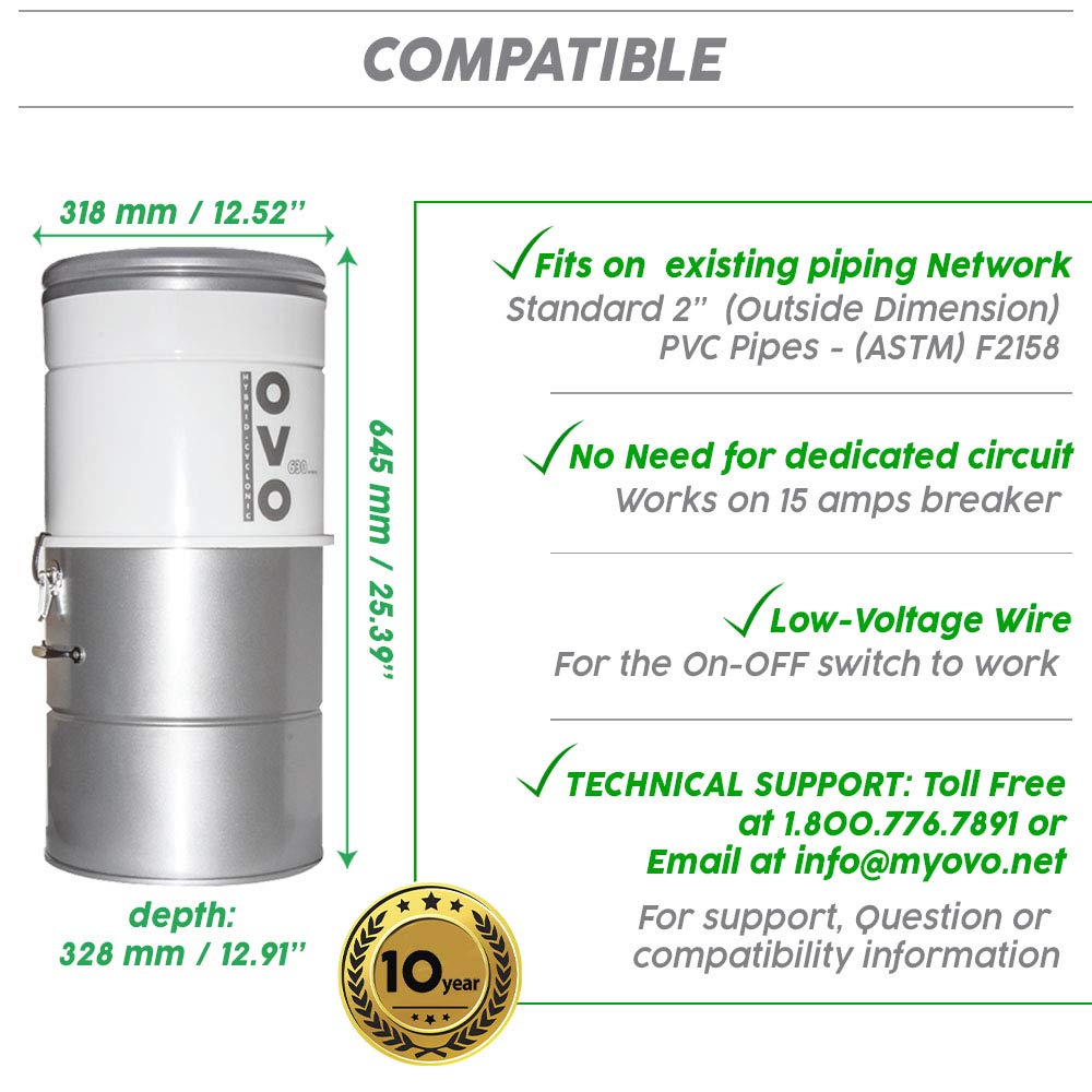 OVO Large and Powerful Central Vacuum System, Hybrid Filtration (with or Without Disposable Bags), 25L or 6.6 Gal, 630 Airwatts + 30 ft Premium Deluxe Plus Accessory Kit