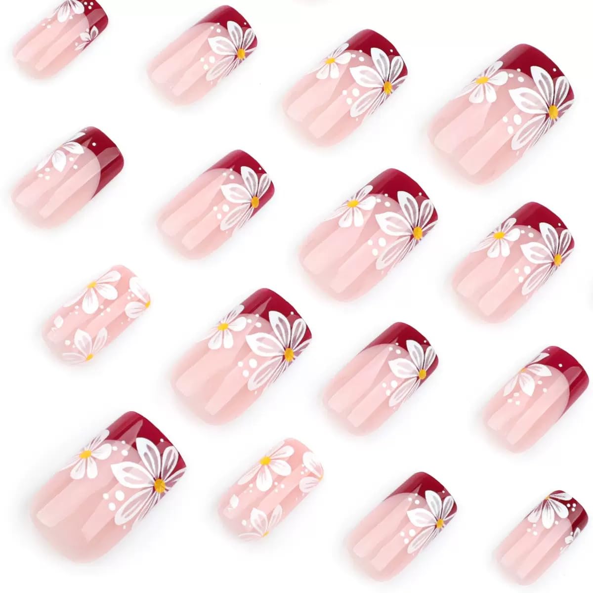 CTTHNBD Press on Nails Square - Short Fake Nails with Flower Design - Red French Tip, Spring False Nails Stick on - for Women 24 Pcs