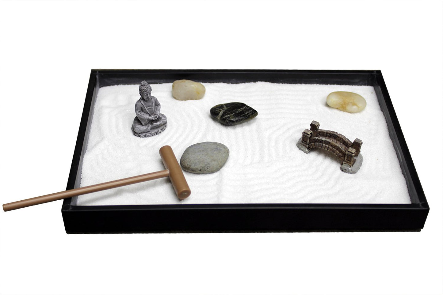 Nature's Mark Mini Zen Garden Kit for Desk with Rake, White Sand, Buddha Figure, Bridge Figure and River Rocks, Black Rectangle Base