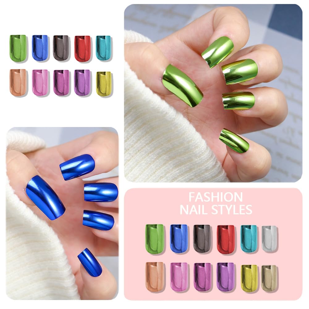 288 Pcs Metallic Press on Nails for Women, 12 Colors Mirror Chrome Finish Fake Nails, Medium Square Shape Glue on Nails, Gold Silver Pink Blue Purple Red False Nails Set with Storage Box