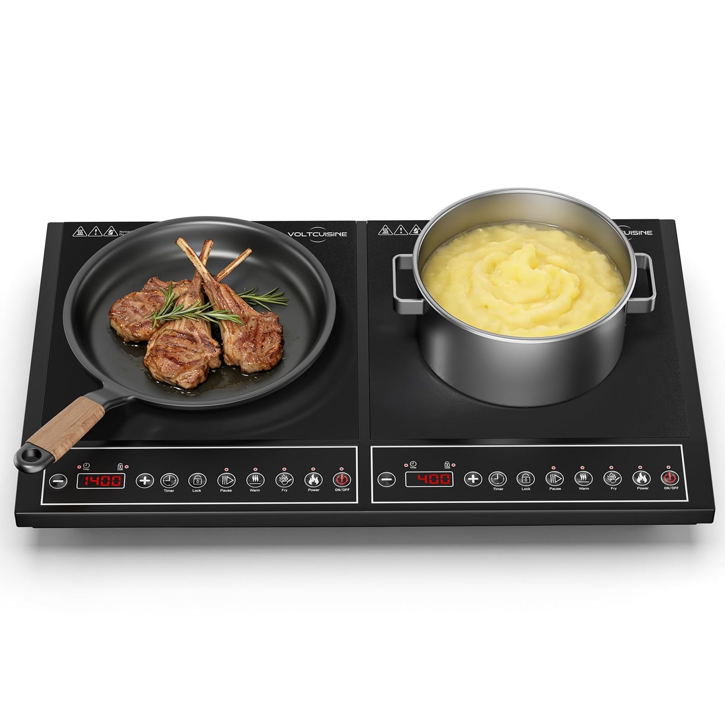 VoltCuisine 24 Inch Double Induction Cooktop, Physical Button Control, 1800W Shared Power, Dual Burner Portable Electric Stove with Low Power Continuous Heating, Countertop Cooker for Home & RV