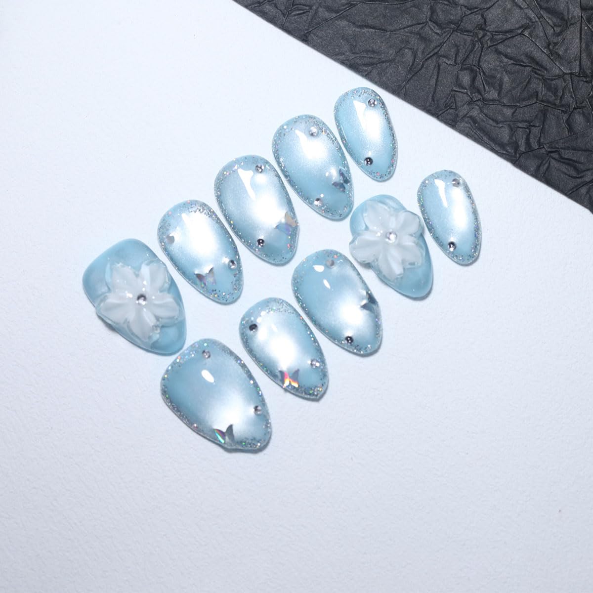 10 Pcs Short Almond Handmade Press On Nails | Sky Blue Cat Eye with 3D Floral & Rhinestone Accents | Reusable, Easy to Apply & Remove, Salon-Quality Manicure (RR16, S)