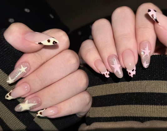 Handmade 10 Pcs French Pink Press on Nails Design Spring Acrylic Nail Art Kit Fake Nails Press ons Nail Tips Full Cover Leopard Print False Nails for Women Manicure (MT-112, M)