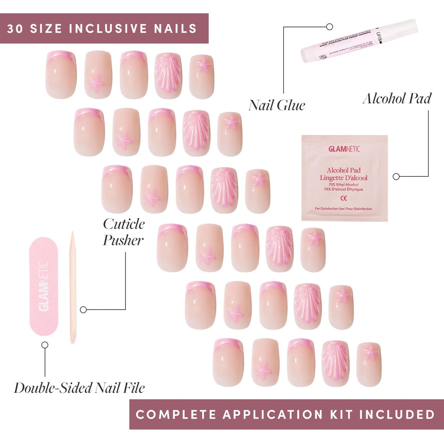 Glamnetic Press On Nails - Blush Dunes | Short Squoval Fake Nails with Pink French Tips and 3D Accents, Salon Quality Summer Nails | 15 Sizes - 30 Nail Kit with Glue