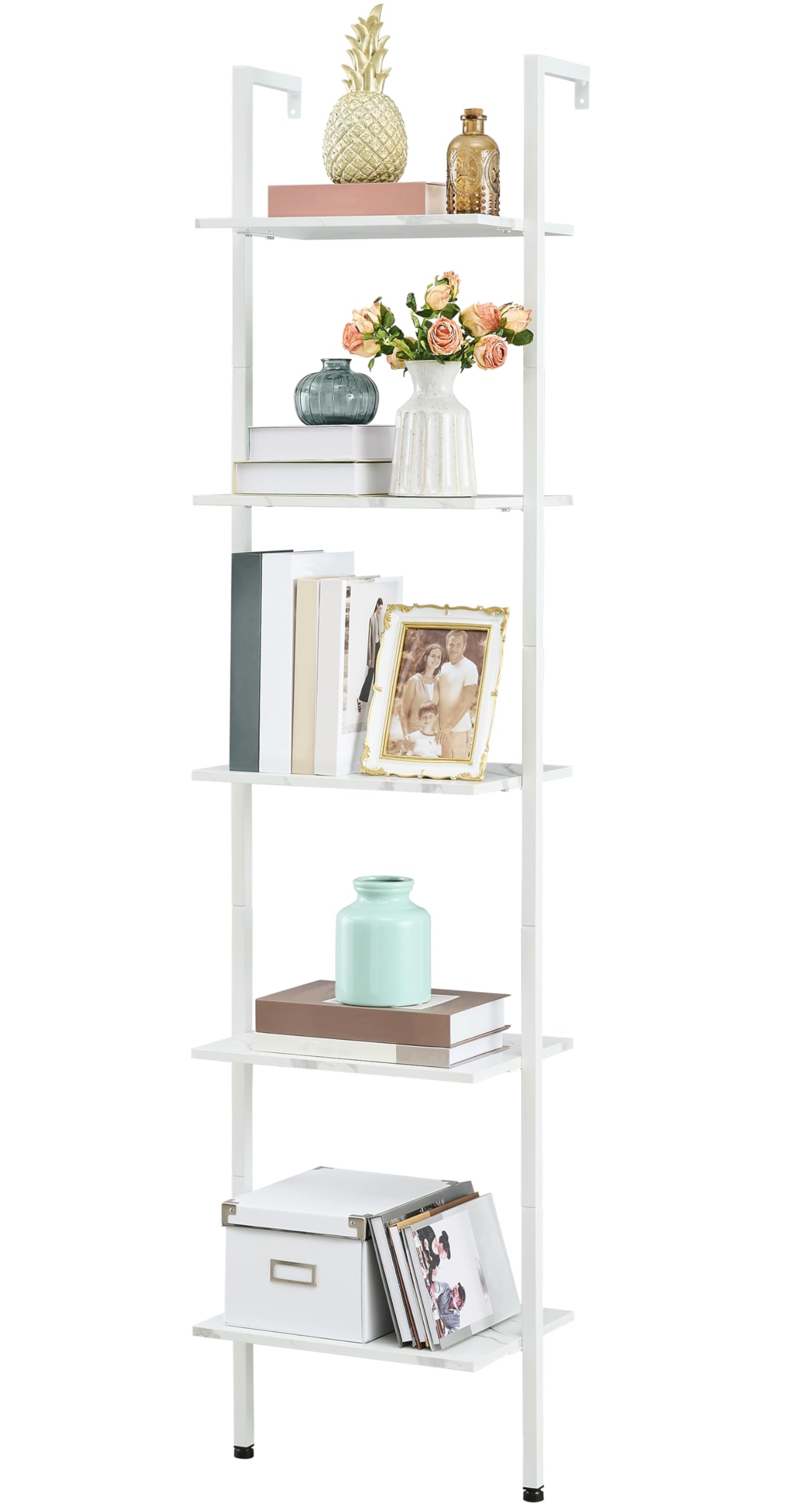 Tajsoon Ladder Shelf, White 5-Tier Wood Wall Mounted Bookcase with Metal Frame, Modern Open Display Rack, Storage Shelves for Bedroom, Home Office, Living Room