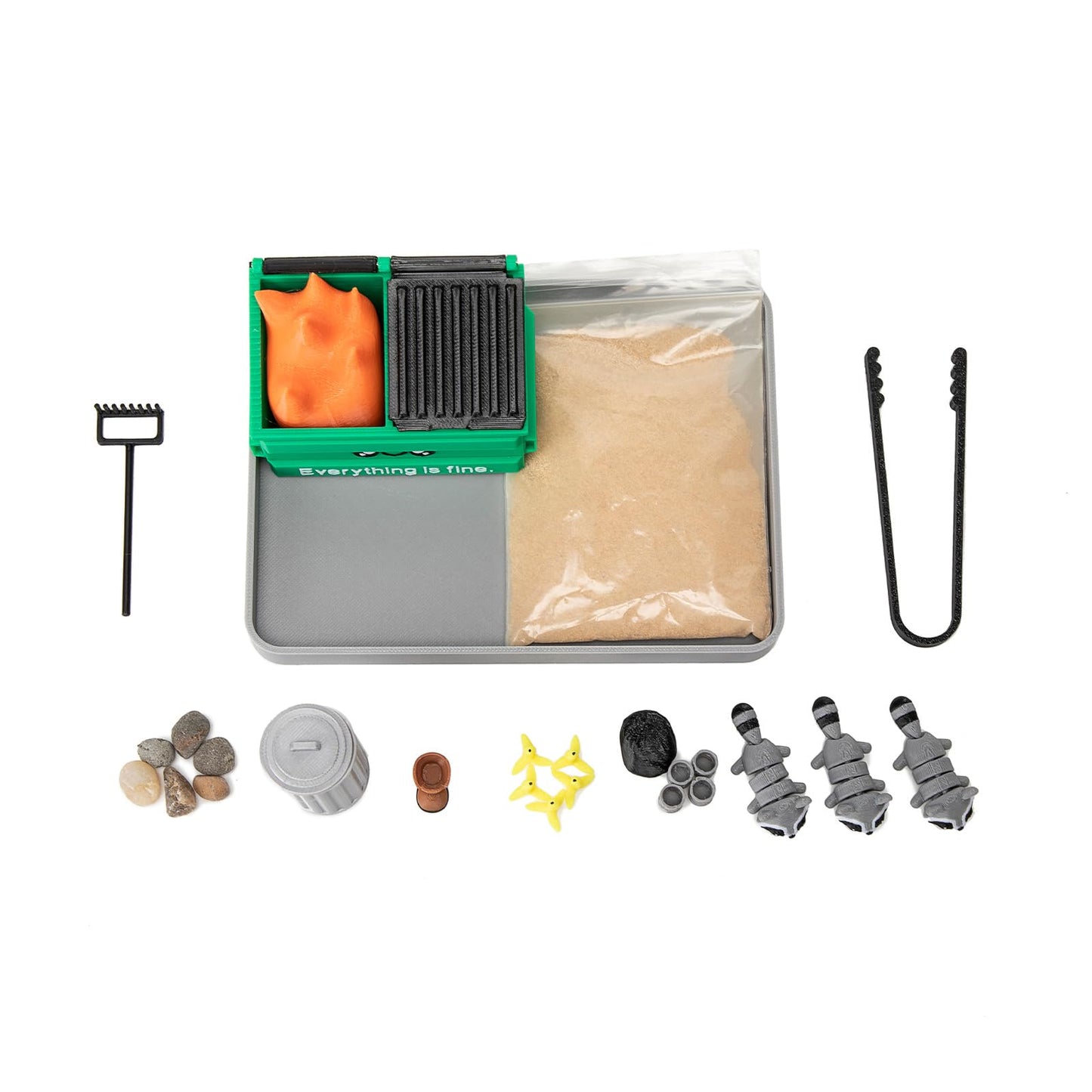 Stylor Dumpster Fire Zen Garden Desk Decor - 3D Print Plastic Miniature Sandbox with Raccoon & Flames, Humorous Office Stress Relief Gift, Includes Stones, Sand & Accessories