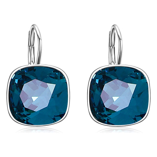 AOBOCO Sterling Silver Leverback Earrings Embellished with Crystals from Austria, Hypoallergenic Cushion Cut Square Crystal Earrings, Fine Anniversary Birthday Jewelry Gifts for Women (London Blue)