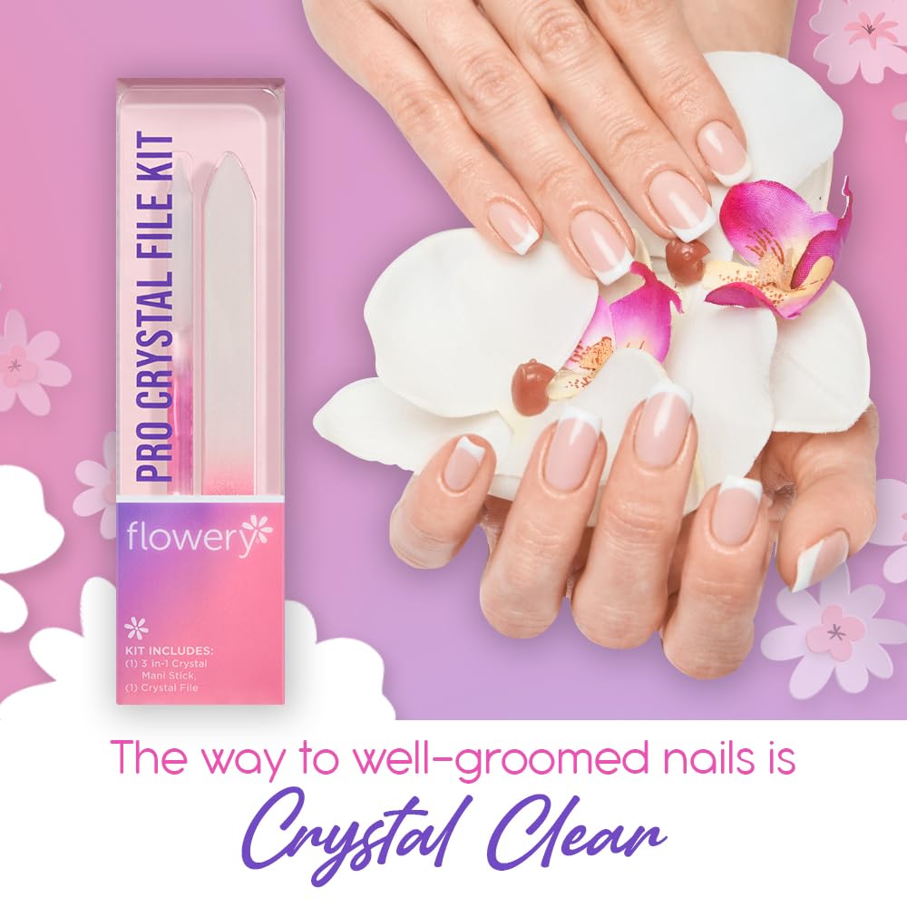 Flowery 's 3-in-1 Crystal Mani Stick and File Kit - Safely Achieve Healthy Nails & Clean Cuticle Lines - Includes Dual-Sided Nail Polish Prep Tool for Gel Nail Polish, Washable & Sterilizable