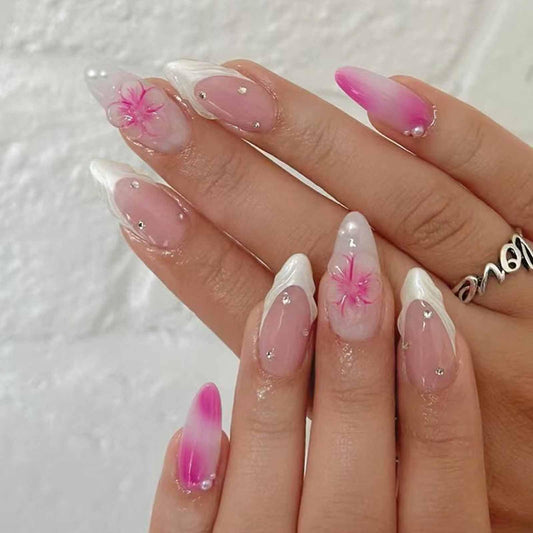 IMRAIN Press on Nails Medium Almond Fake Nails White French Tip False Nails with Hawaii Flower Designs Glossy Acrylic Reusable Summer Pink Stick on Nails for Women Nail Art