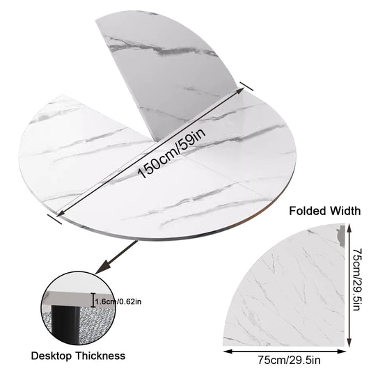 QJSZMEI Large Round Folding Table Top, 4-Folding Wood Table top, Temporary Replacement Inoor Outdoor Tops for Dining and Coffee(Marble White, D-150cm/59in)