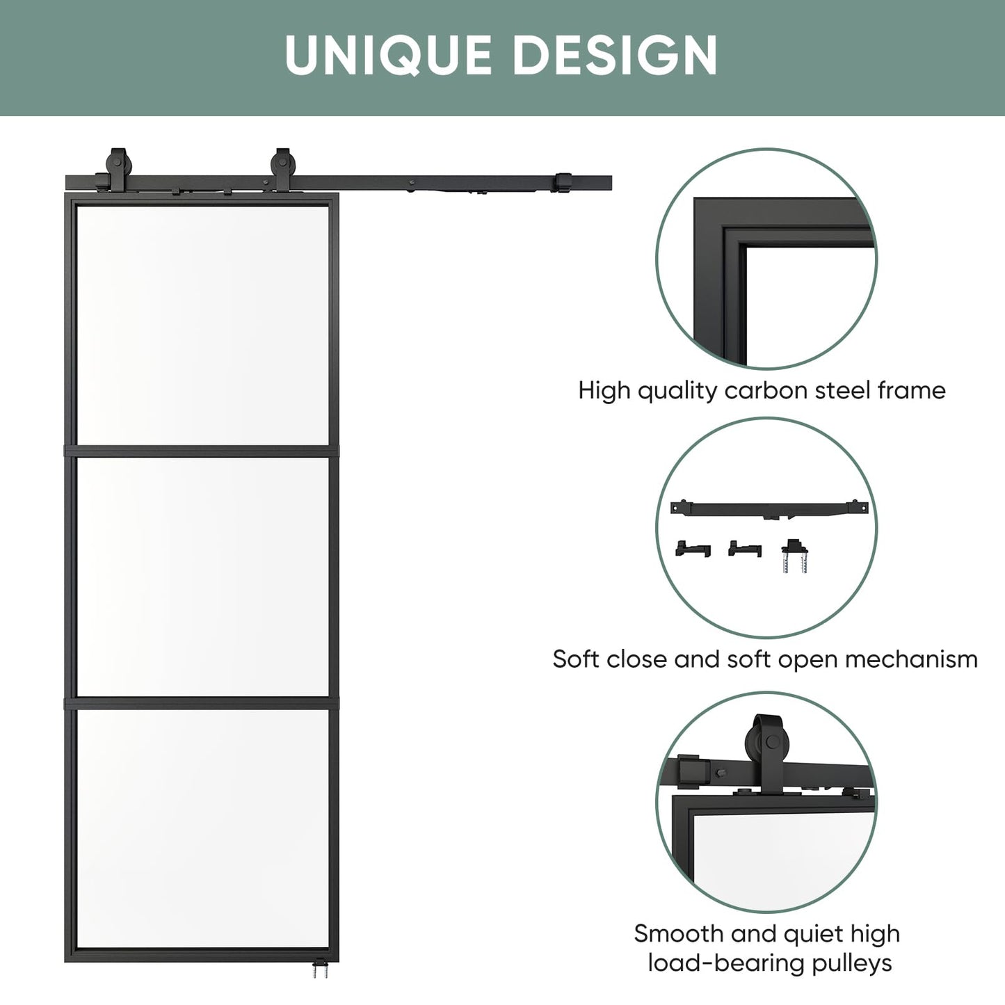 JUBEST 42in x 96in Glass Barn Door, Clear Tempered Glass Carbon Steel Pre Drilled Frame Sliding Barn Door Panel with 7FT Hardware Kit and Soft Close, Easy to Install
