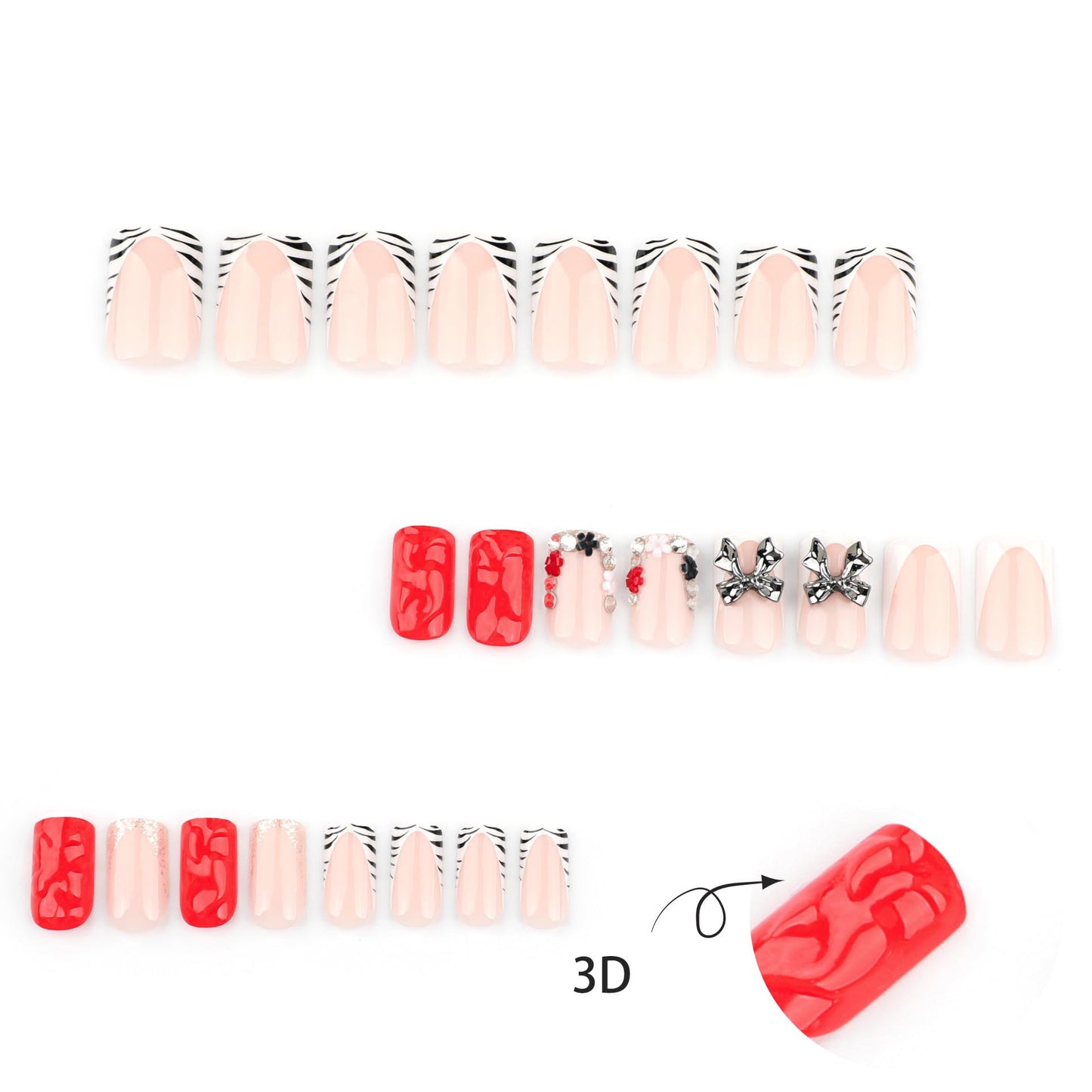 CTTHNBD Short Press on Nails - Square Fake Nails with Silver Bow Charms Design - Zebra Stripes, French Tip False Nials - for Women 24 Pcs