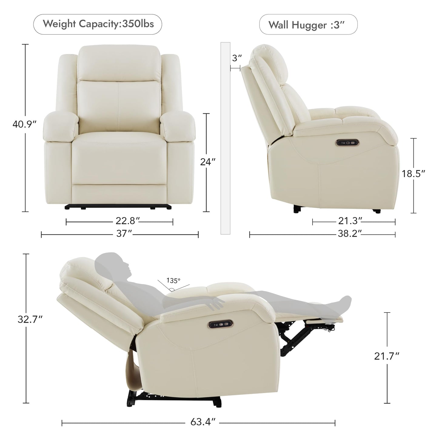 Watson & Whitely Genuine Leather Power Recliner Chairs for Adults, Wall Hugger RV Recliner with Power Headrest & Charging Ports, Electric Recliner Sofa Chair for Living Room, Cream