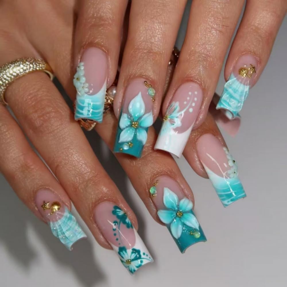 French Tips Press on Nails Medium Square Fake Nails with 5D Flower Charm Design Glossy Green Nails Press on Spring Summer Star Shell False Nail Reusable Ocean Glue on Nail for Women Manicure 24Pcs