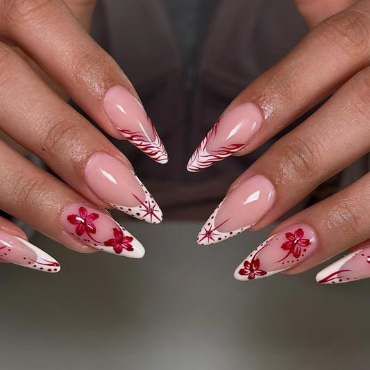 MINGCHUN Pink Press on Nails Medium Almond White French Tip Fake Nails Press ons Acrylic Nail Art Kit Full Cover False Nails Glue on Nails with Flame Flower Glossy Design for Women Nail Supplies 24Pcs