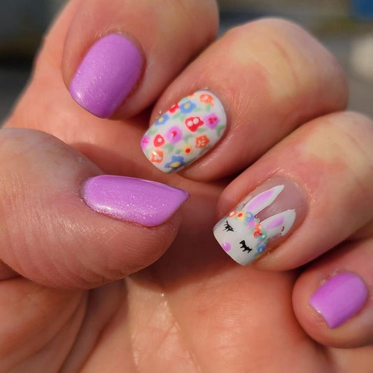 24pcs Easter Press on Nail Short Square Fake Nails with Flower designs Cute False Nails Glossy Purple Press ones Bunny Stick on Nail Full Cover Spring Acrylic Glue on Nails for Women Decor