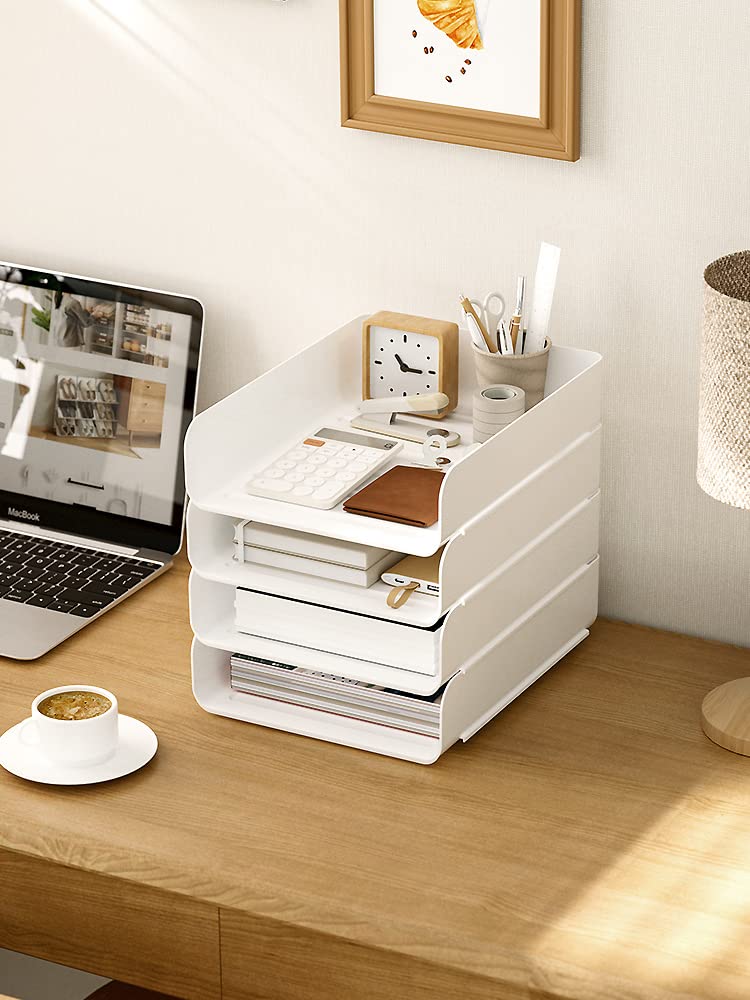 (4pcs Pack) HKeeper Stackable Paper Trays,Letter Tray Organizer,Office Desktop Organizer,A4 Paper Holder,Supplies Magazine,File Documents,Receipts（White,Regular）