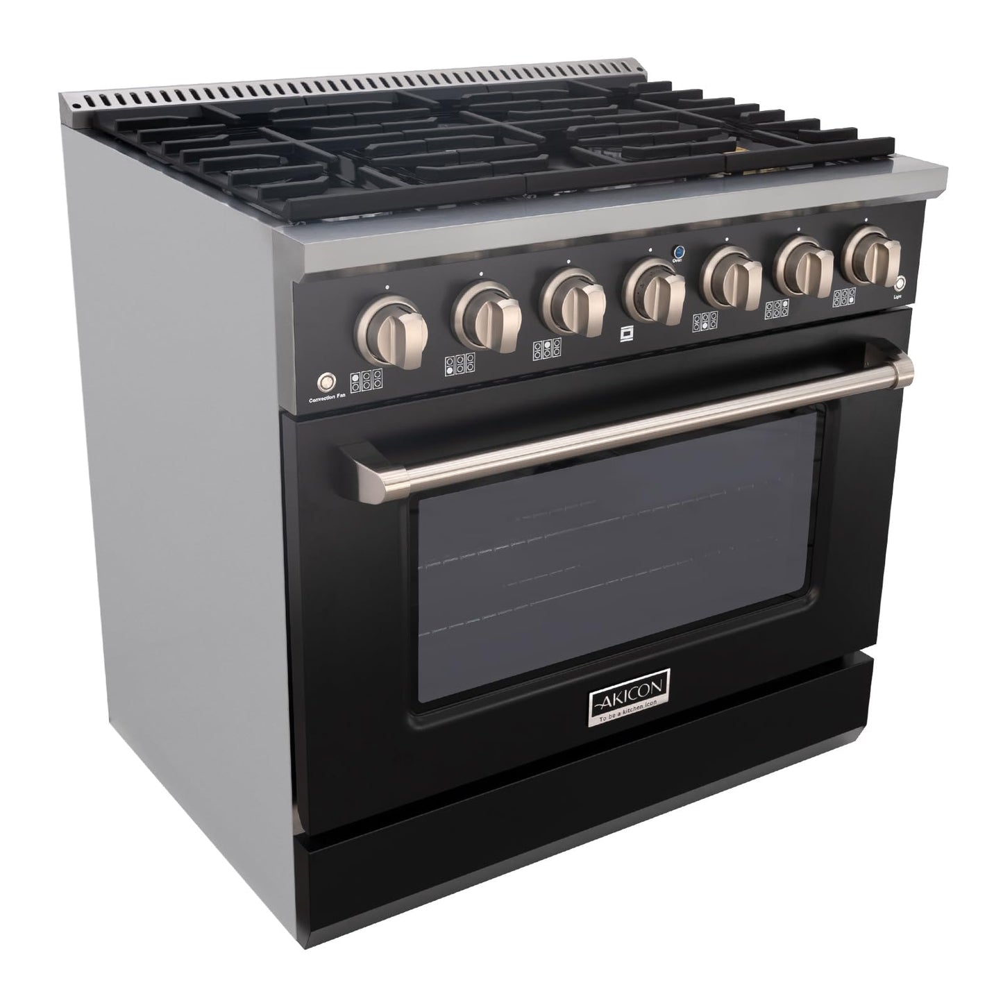 Akicon 36 Inch Freestanding Gas Range - Gas Oven Stove with 6 Sealed Burners, Heavy Duty Cast Iron Grates - 5.2 cu. ft. Capacity Rapid Convection Oven with Porcelain Interior (Black & Stainless Steel)