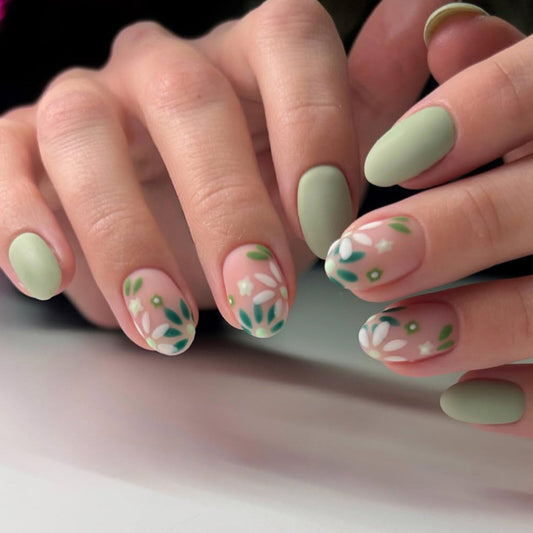 Pastel Floral Press on Nails Moderate Square Design Soft Nude & Mint Green Base with Dainty Floral Leaf Patterns Matte Finish Reusable Stick on Nails Suitable for Casual Looks Artificial Nails 24 Pcs