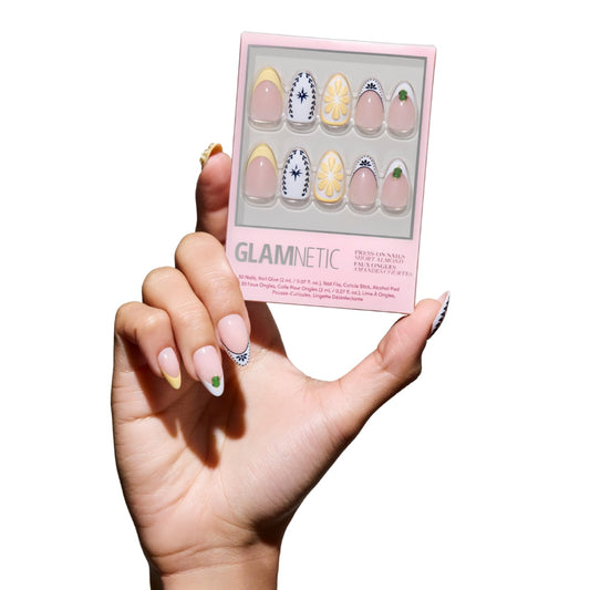 Glamnetic Press On Nails - Short Almond Fake Nails in Bright Orange with Olives, Lemons & Ceramic Designs, Salon Quality, Summer Nails | Aperitivo Hour | 15 Sizes - 30 Nail Kit with Glue