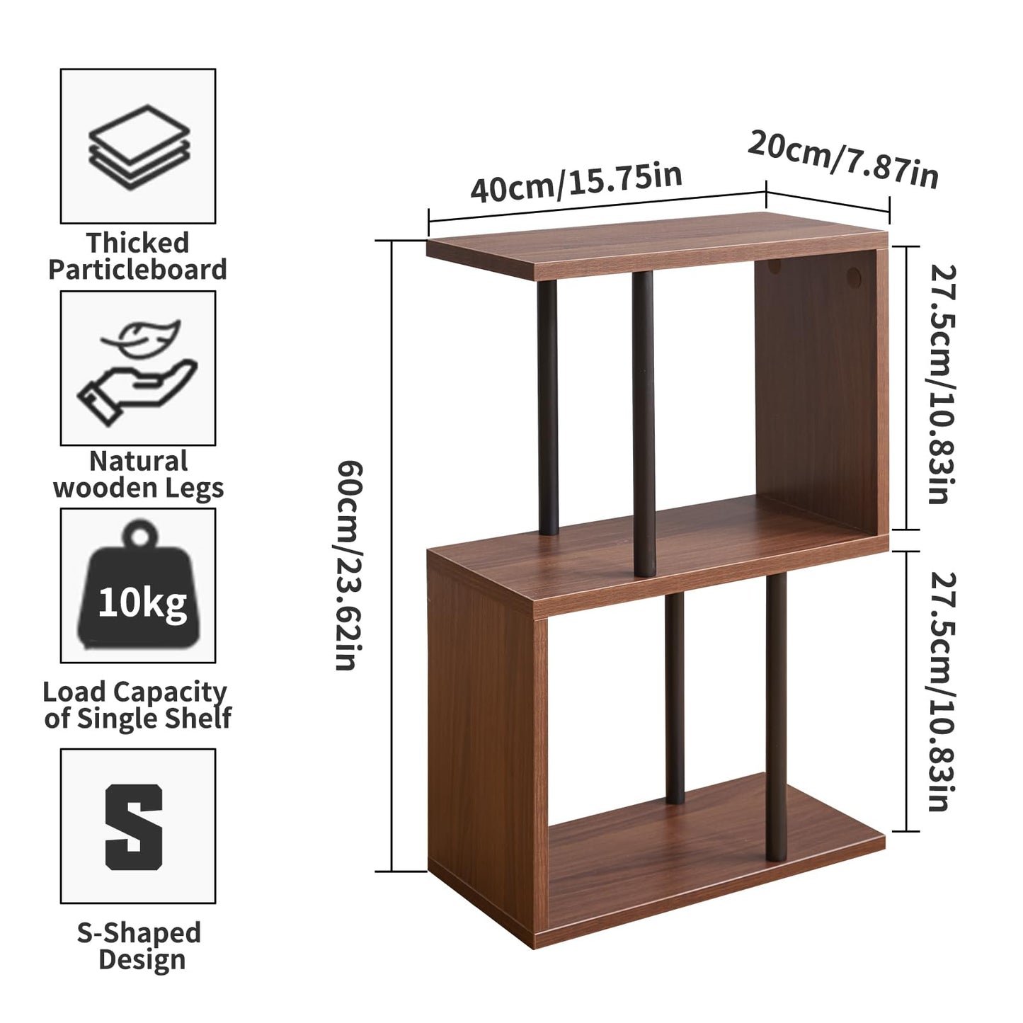 Aibiju S-Shaped Side Table, 3-Tier End Table with Open Storage Shelves, Non-Slip Feet, Modern Style Nightstand, Narrow Side Table for Small Space Living Room Bedroom Light Walnut YD-ST003LW