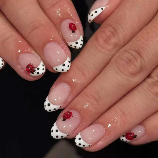 IMSOHOT Press on Nails Short Oval Fake Nails Polka Dot French False Nails with Ladybug Design Glossy Full Cover Acrylic Glue on Nails for Women Girls Manicure 24Pcs