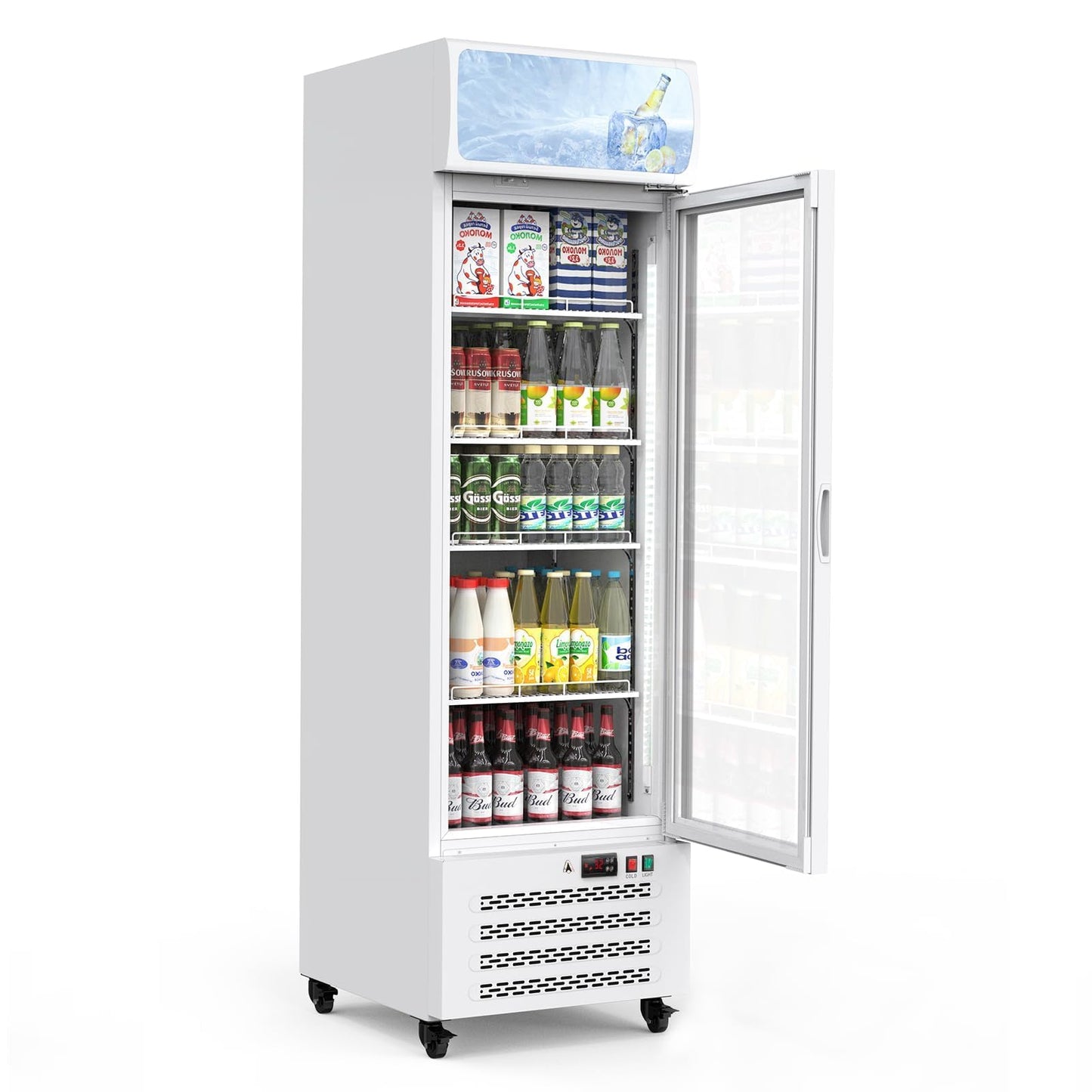 13.4 Cu.Ft Commercial Merchandiser Refrigerator, Commercial Refrigerators With Glass Door and Soft Led Light, Display Refrigerator Upright Fridge With 3 Adjustable Shelves for Shop, Restaurant, White