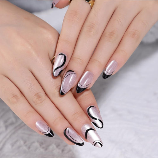 WAFOLOZE Press On Nails Long Almond Fake Nails Holiday Nail Press Ons With Simple Black Lines Cat's Eye Design, Artificial False Nails Stick On Nails for Women-30Pcs