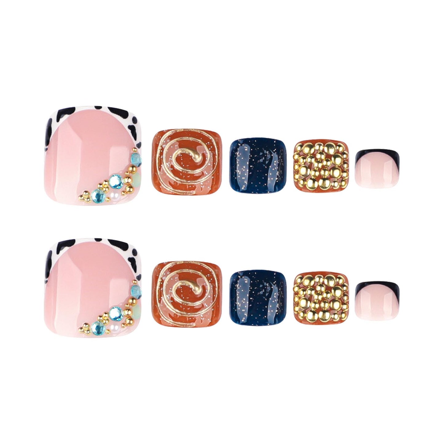 RUOKEXIN Toe Nail Press ons, Short Press on Toenails French Tip Fake Toenails with Gold Rhinestones Designs Square False Toenail Sparkly Artificial Nails for Women 24Pcs
