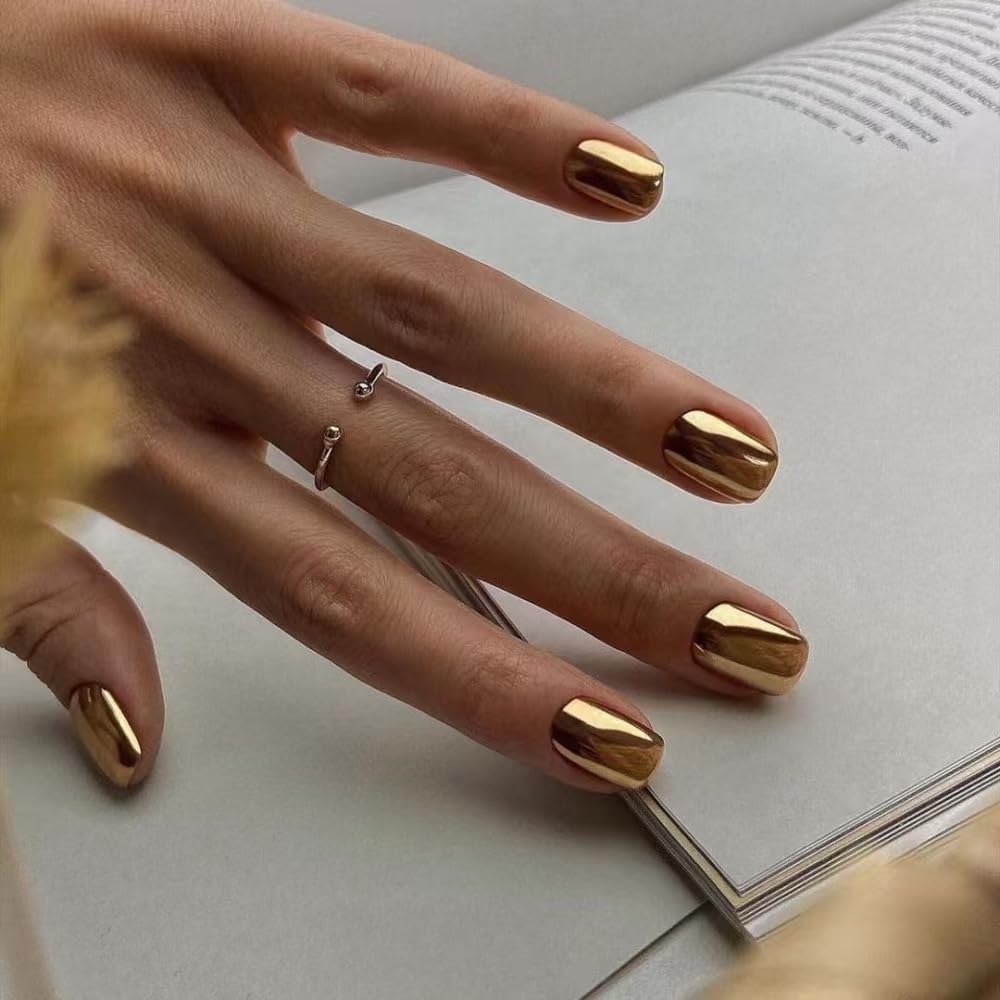 Gold Press on nails Metal Chrome Fake Nails Short Square False Nails Press ons Mirror Golden Acrylic Nails Glossy Luxurious Metal Glue Stick on Nail for Women Manicure 24pcs