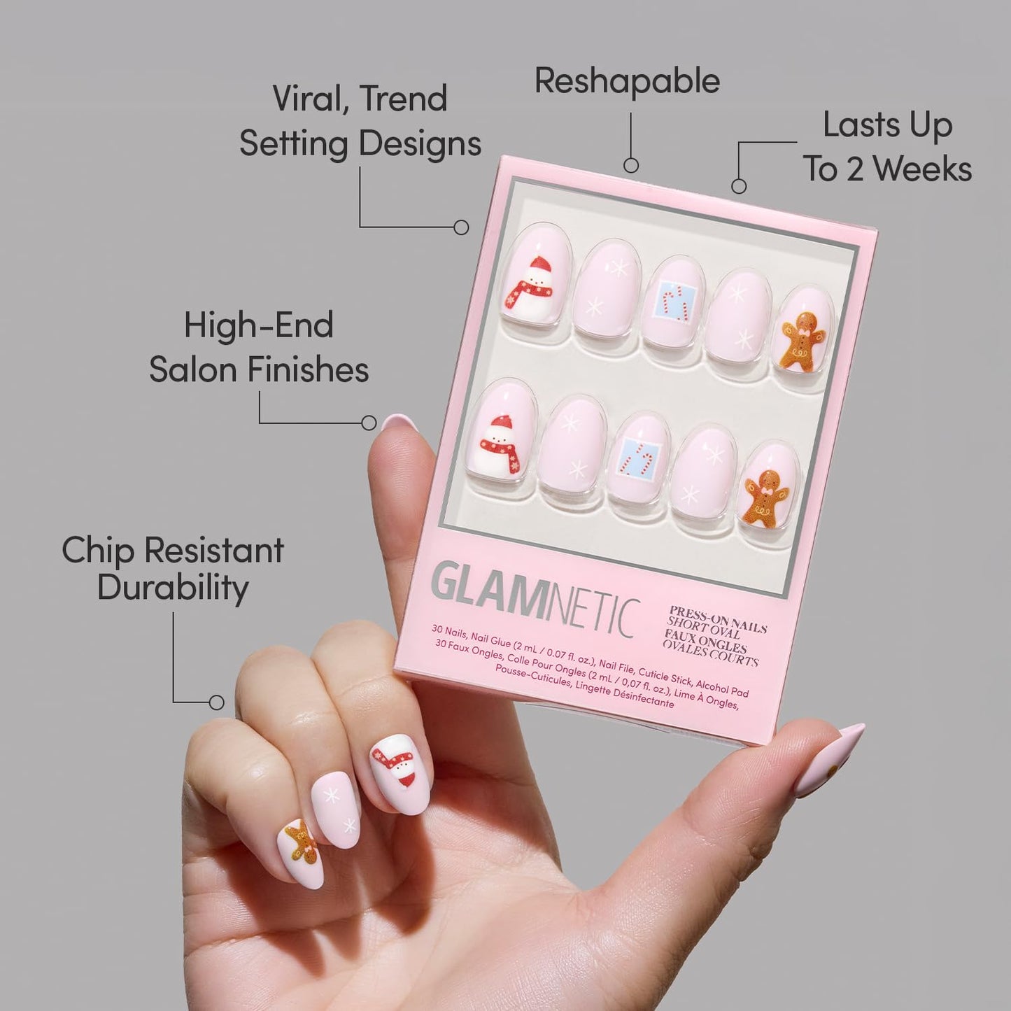 Glamnetic Press On Nails – Cocoa & Kisses | Short Oval Fake Nails in Nude Base with Festive Winter Graphics, Glossy Finish, Salon Quality Holiday Nails | 15 Sizes, 30 Nail Kit with Glue