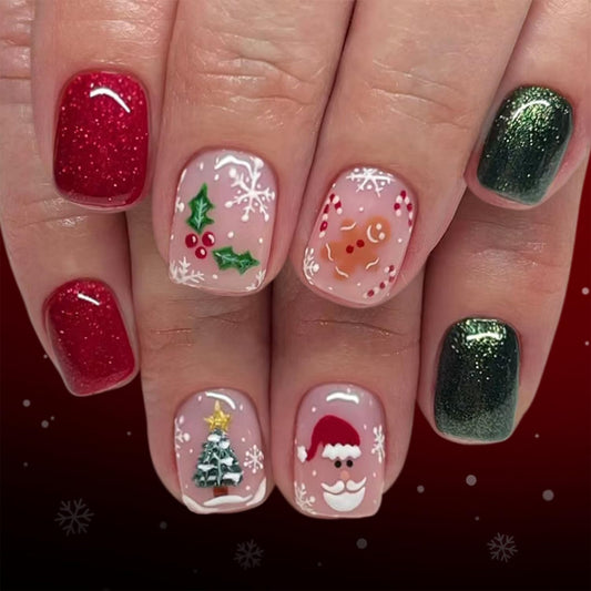 Christmas Press on Nails Short Holiday Fake Nails with Gingerbread Man Christmas Tree Santa Claus Design Square Green Red Nails Press ons Snowflake False Nails Glitter Glue on Nail for Women 24Pcs