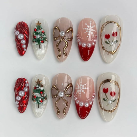 30Pcs Christmas Press on Nail Red French Tip Almond Fake Nail with 3D Pearl Designs Snowflake Full Cover Stick on Nails Flower Gold Bow Xmas False Nail Winter Medium Glue on Nails for Women