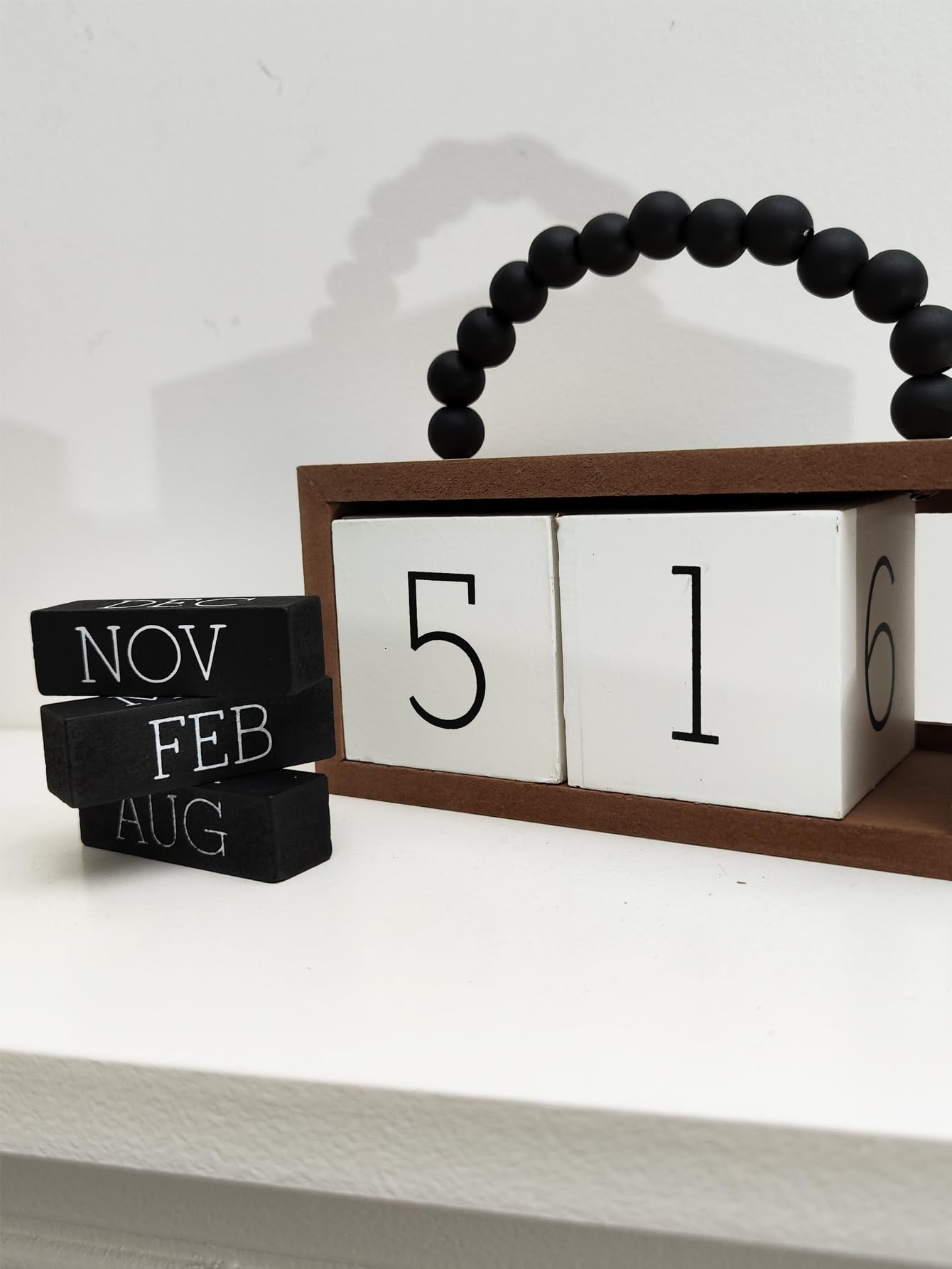Wooden Perpetual Calendar for Desk, Metal Wood Month Date Display for Teachers, Students, Classroom, Rustic Farmhouse Office Decor, Desk Accessories (Black wood beads)