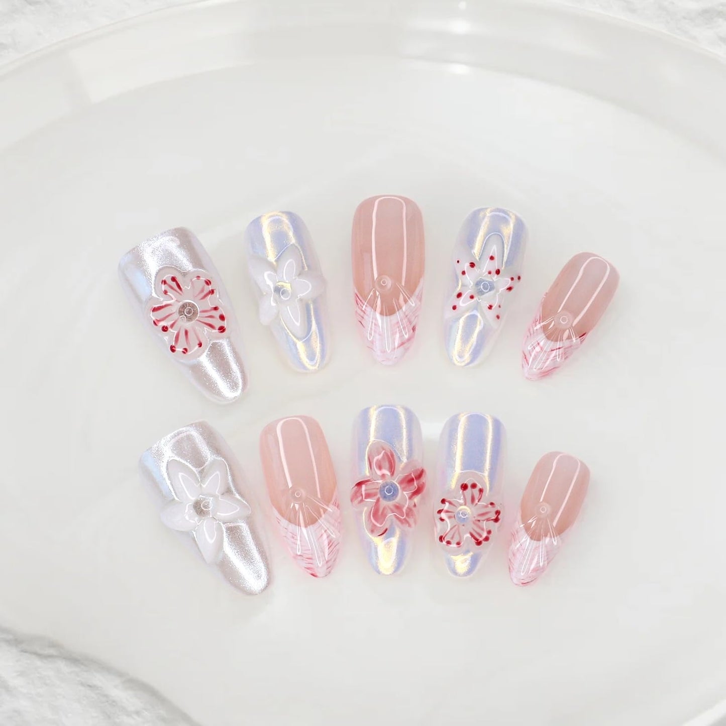 Handmade Press on Nails Luxury 3D Flower False Nails Designs Thickened Salon Quality Acrylic Nails Full Cover French Tip Fake Nails Medium Almond Stick on Nail for Women DIY Manicuare（Size S)