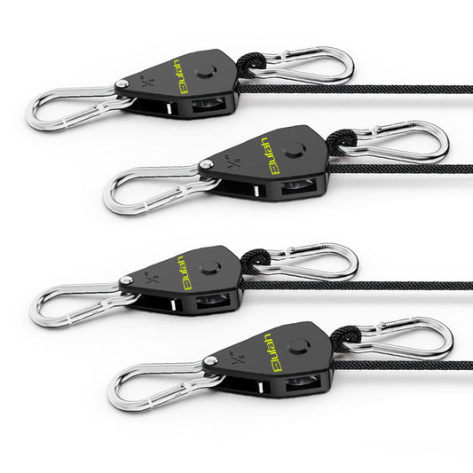 ELUFAH Longer 10ft 1/8" Ratchet Straps Hanger Rope Tie-Down Ratchet Outdoor Windproof Rope Roller Adjustable Hanger Grow Light Camping Tent Kayak Paracord 4-Pack