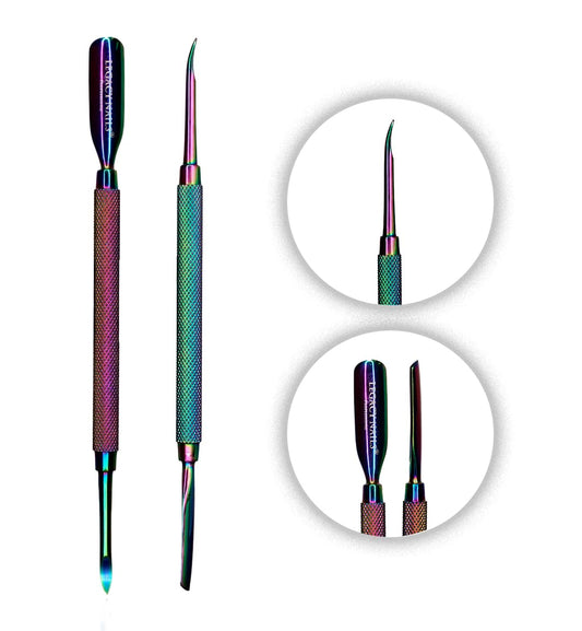 Legacy Nails Professional MULTICOLOR DUAL CUTICLE PUSHER & REMOVER in Stainless Steel - Sharpened-spoon shape - Sharp-pointed shape