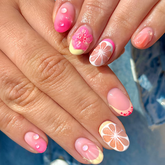 QUNQINLI French Tip Press on Nails Short Oval Fake Nails Press ons Nail Art Tips with 3D Lemon Flowers Design Pink Gradient False Nails Full Cover Nude Glossy Glue on Nails for Women 24 Pcs