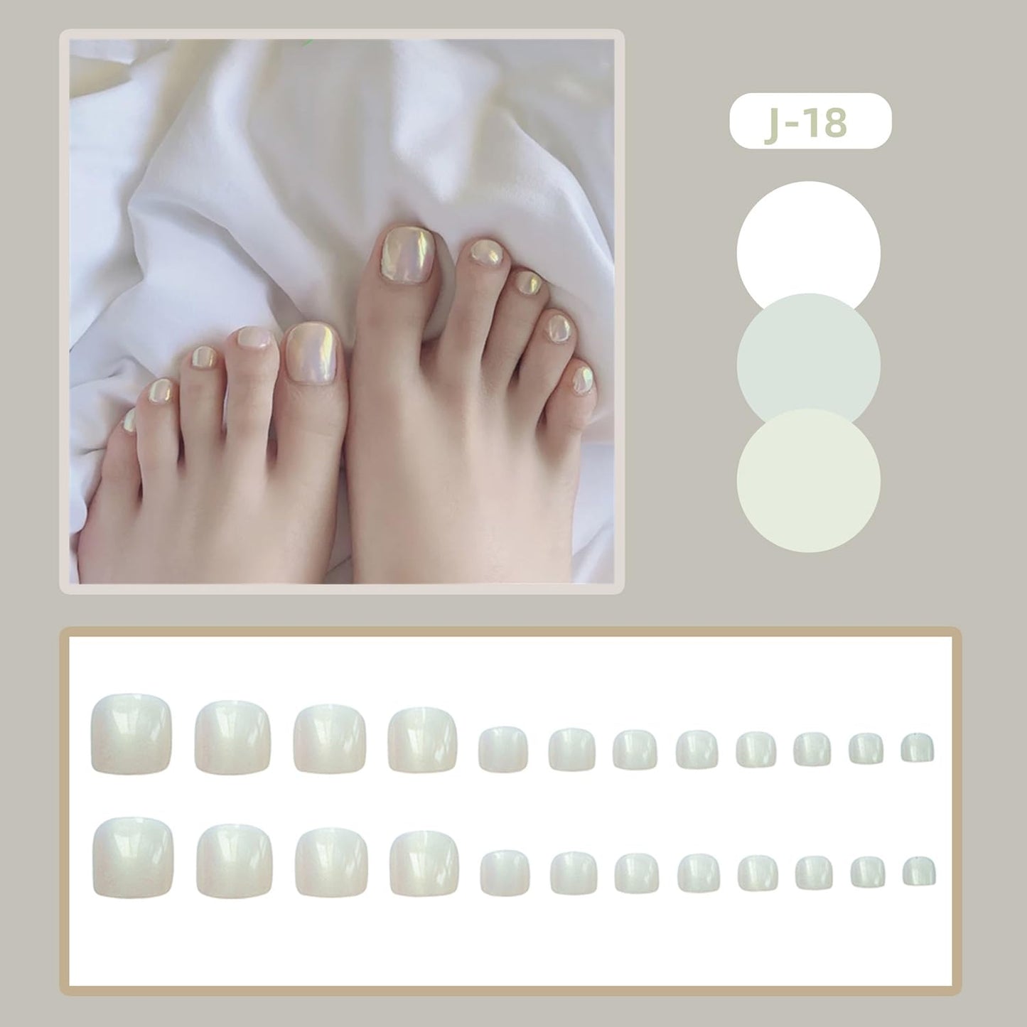 Vezocim Pearl Color False Toenails Sets, Press on Coffin Nails with Designs, Full Cover Artificial Acrylic Fake Nails, Glue on Toenails with Charm, Stick on Toe Nails for Women
