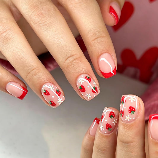 Short Square Press on Nails Red French Tip Fake Nails with Strawberry & Floral Design Nude Pink Glossy False Nails Reusable Full Cover Glue on Nails for Women Manicure Kit 24Pcs