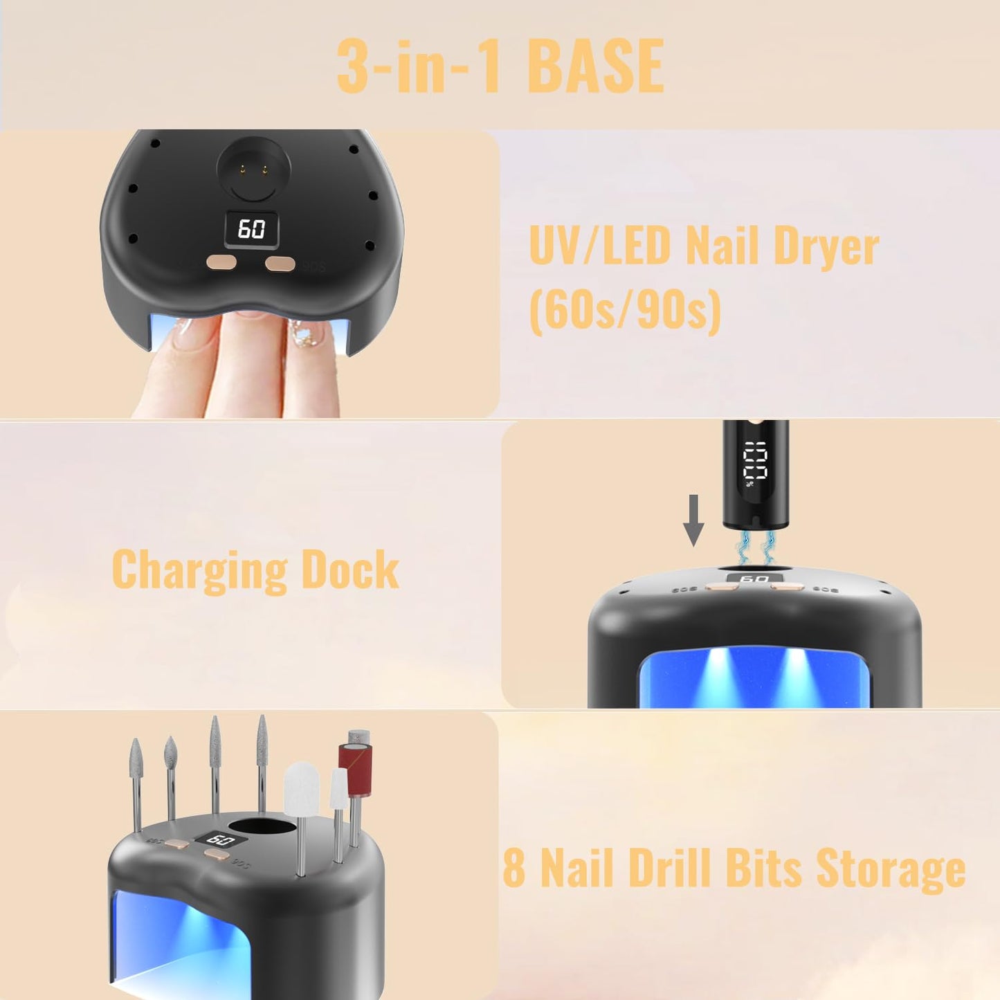 Denabuty Cordless Electric Nail Drill File: 35000RPM Professional Nail Drill Machine with UV LED Nail Lamp Charging Base, Manicure Pedicure Kit E File for Acrylic Gel Dip Powder Polish Black
