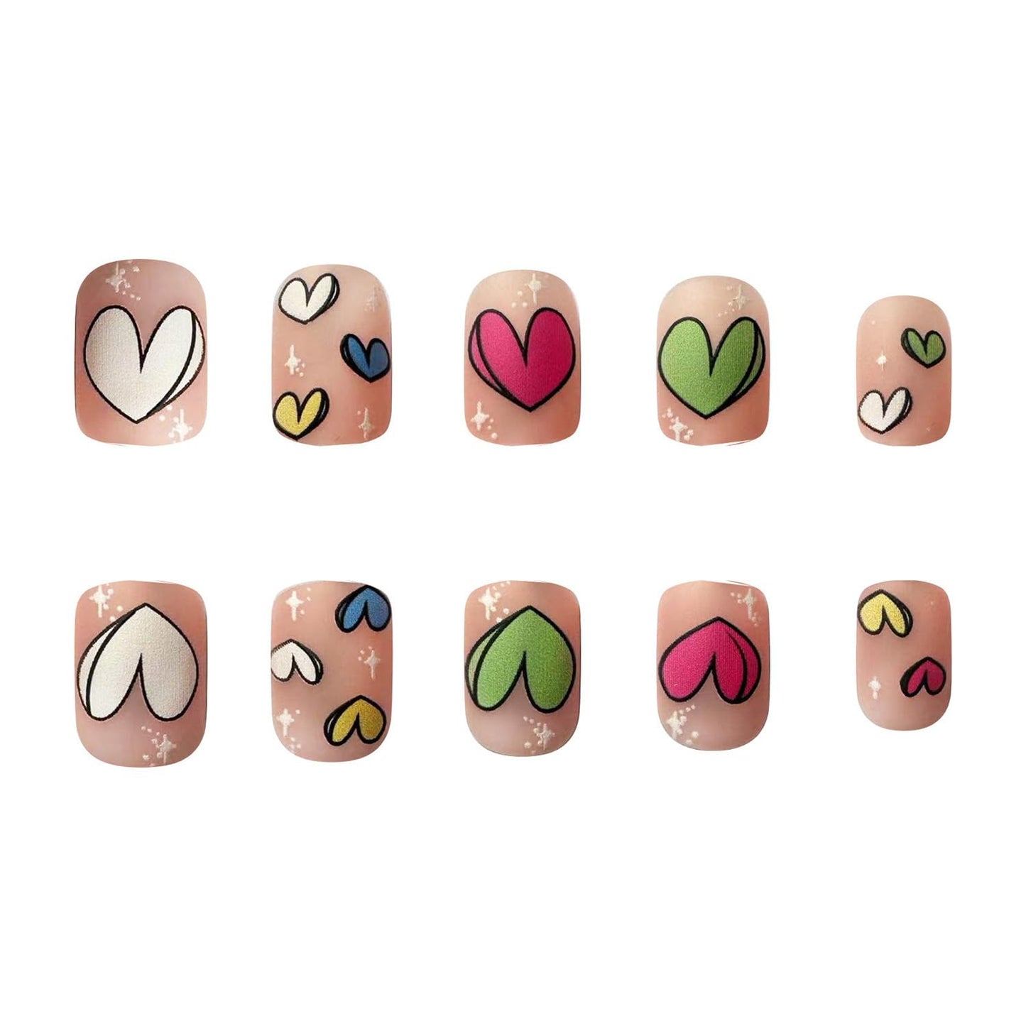 FIEONCIY Press on Nails Short Square Shaped Glossy Full Cover Acrylic Extra Short Square False Nails with Love Heart Designs Artificial Fake Nails Glue Stick ons Fingernails for Women Girls(A304)