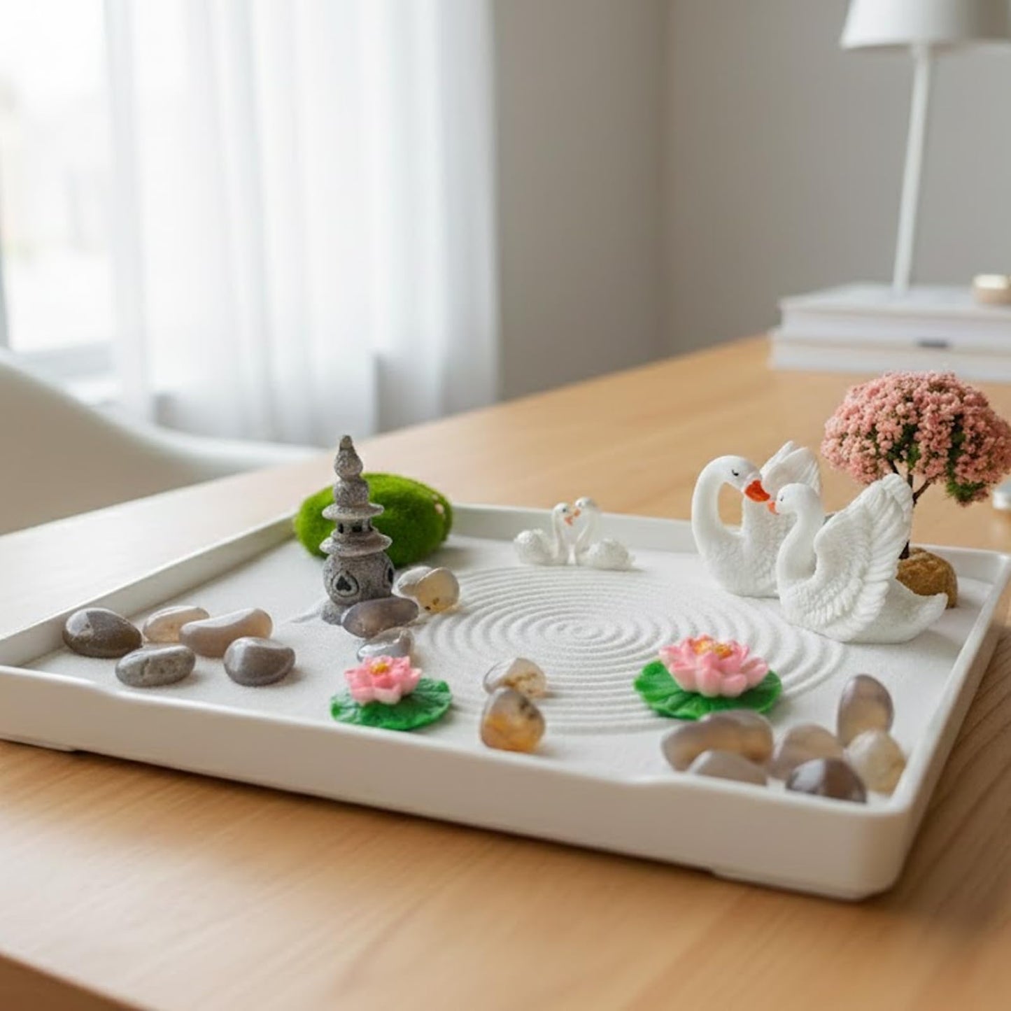 Akisola Zen Garden for Desk, Swan Lake Decor, Sand Tray Therapy Kit for Office - Mini Japanese Décor Sand Garden, Meditation Anxiety Relief, Office Desk Decor & Relaxation Gift (White)