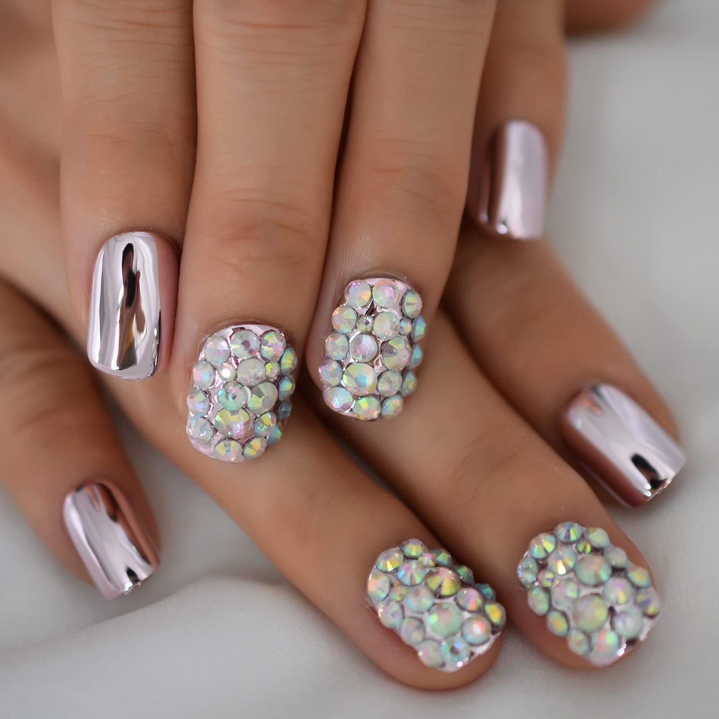 24pcs Metallic Mirror False Fake Nails With Design Short For Office Ladies Student Daily Wear, Full Cover 3D Bling Luxury Artificial Nails Press On Rhinestone Crystal For Wedding Bridal
