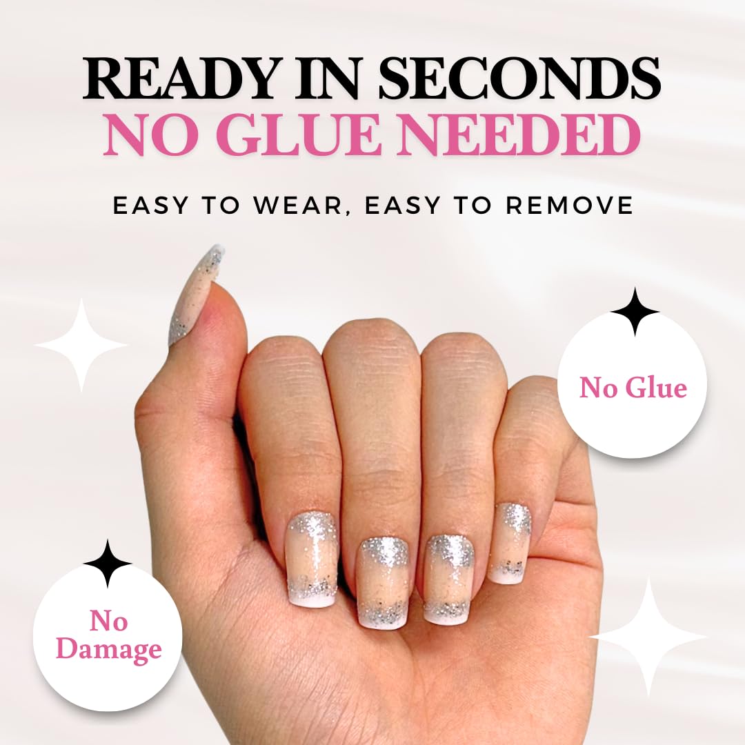 PerfectLook Press On Nails - Sparkle | No Glue One-Day Short Square Fake Nails, Nude Nails with Silver Glitter Tips - 24 Pcs Nail Kit with Adhesive Tabs