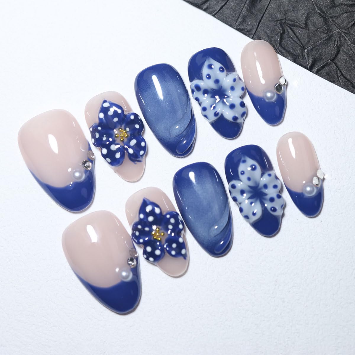 10Pcs Short Almond Handmade Press On Nails | Nude Pink & Royal Blue French Tip with 3D Floral, Pearl & Rhinestone Decor | Reusable Salon-Quality Fake Nails for Women and Girls(PZ02, XS)