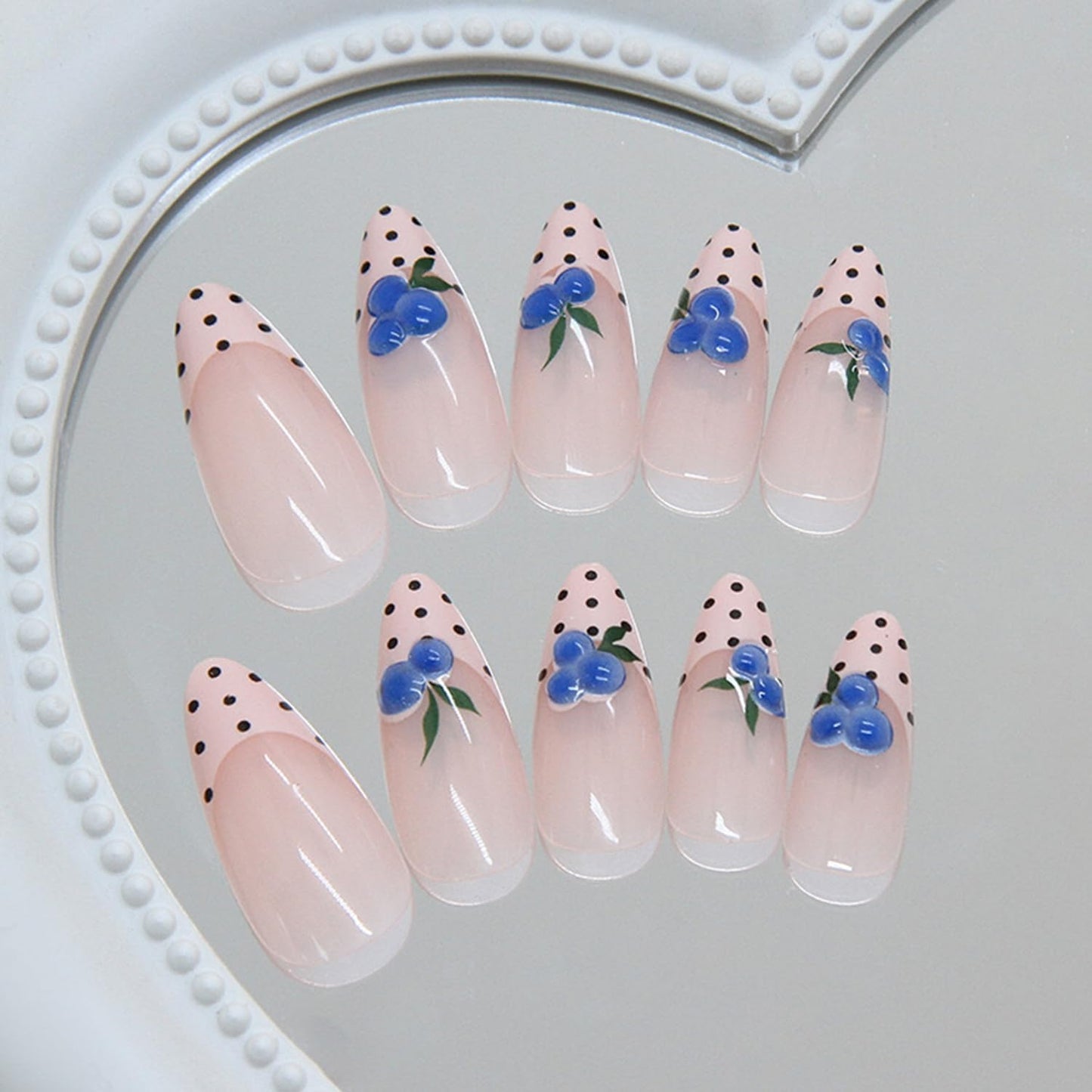 Nude Pink Press on Nails Medium Length Artificial Acrylic French Black Polka Dots Tip Fake Nails 3D Blueberry Almond Coffin Nail Spring Design Stick on Nail Artificial Fingernails for Women Manicure