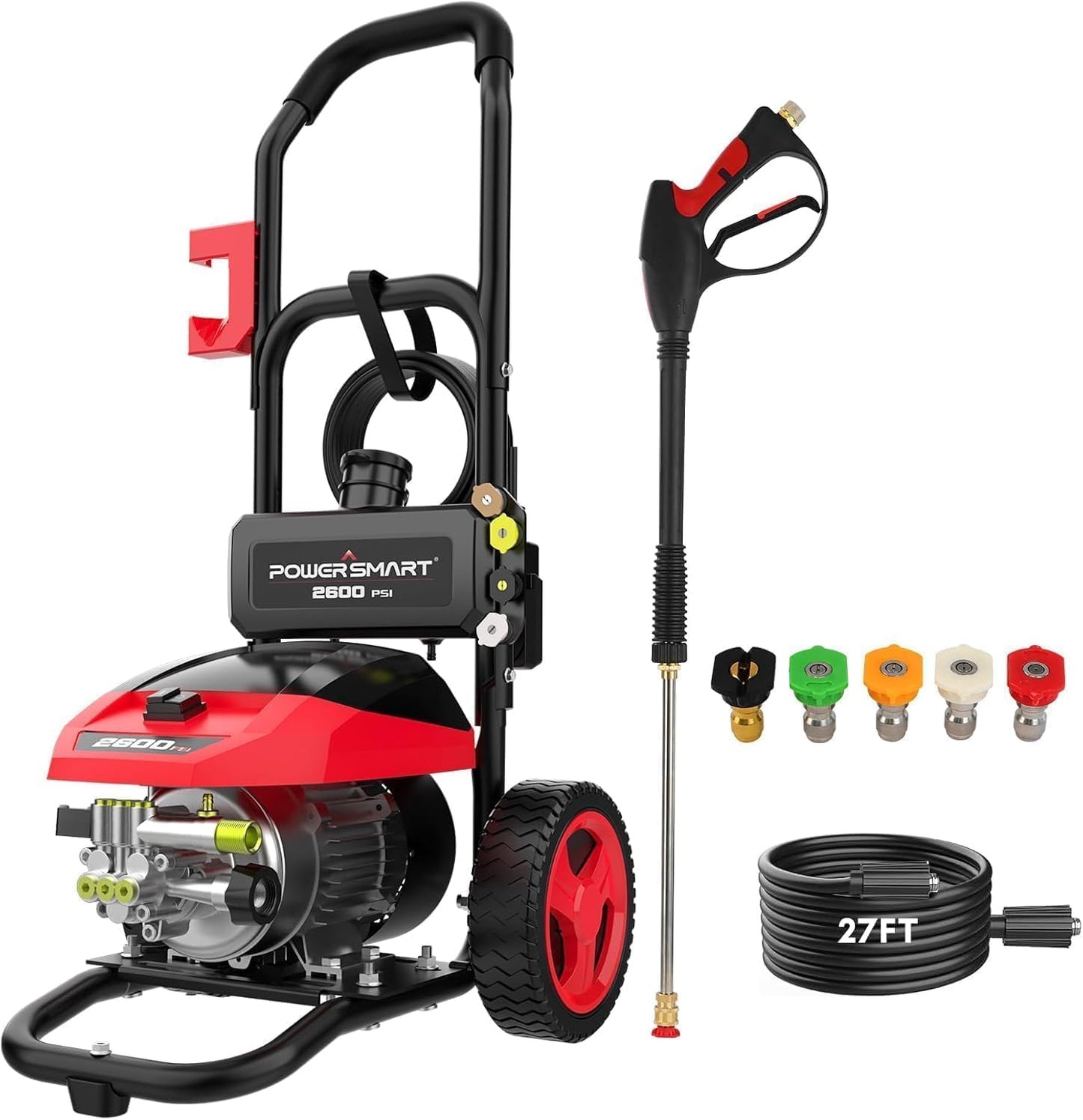 PowerSmart DB1002 2600 PSI Electric Pressure Washer with Induction Brushless Motor,3.0 GPM High Pressure Cleaner, 5 Nozzles, 8” Wheels, Detergent Tank, for Car, Patio, Fence, Driveway Cleaning