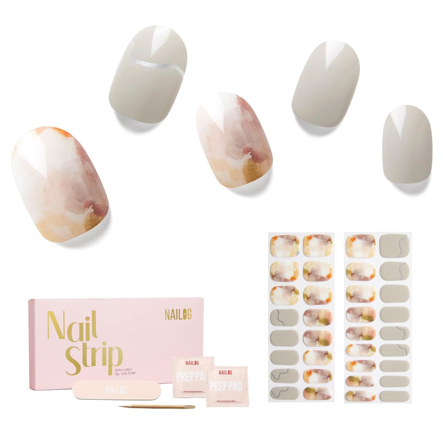 Semi Cured Gel Nail Strips - NAILOG 34 Pcs Art Painting Nail Stickers Extra Long Wraps with Glossy Gel Finishing for Autumn Winter, Like A Painting