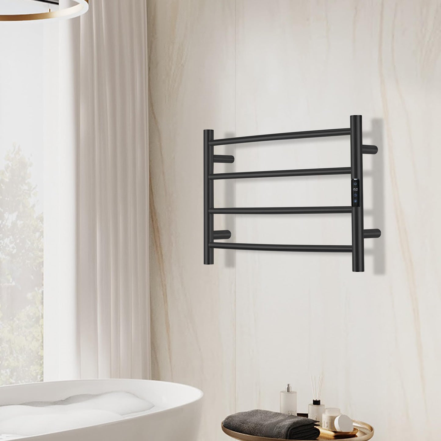 SHARNDY Electric Towel Rack with Voice Control for Alexa & Google Home,TUYA - Wall-Mounted Bathroom Heating Towel Warmer,Plug-in,Stainless Steel Material,16.54x23.62x5.51 in,Black,4 Bars